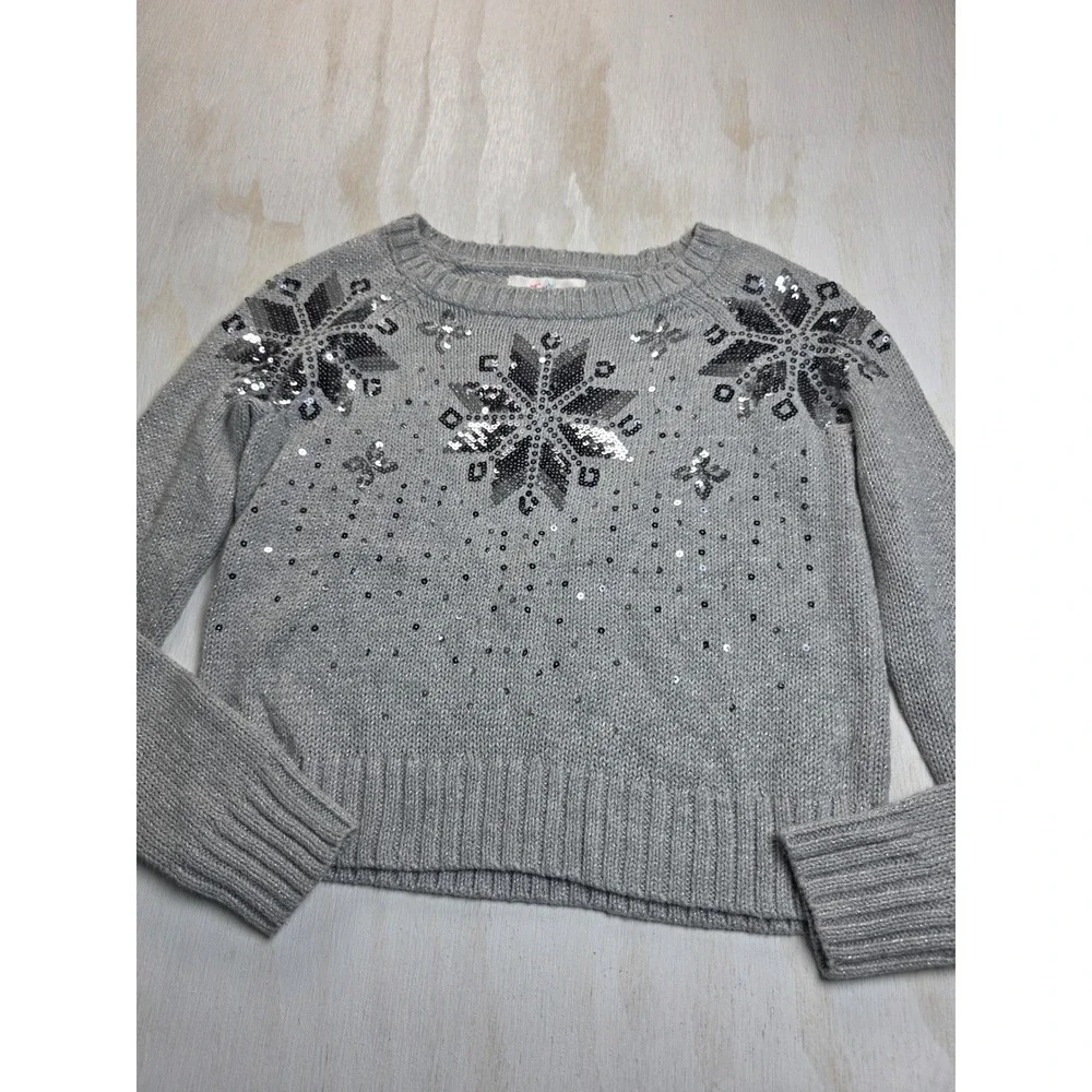 Justice Girls Gray Sequin Snowflake Sweater Size 10 Metallic Knit Holiday Y2K